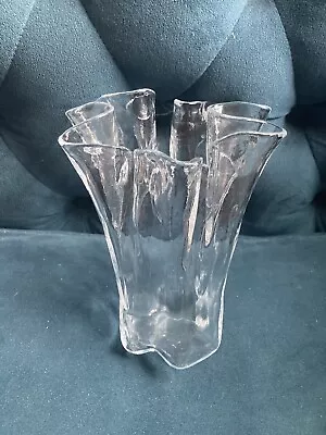 Finland Muurla Eva Clear Ice Art Glass Vase Handkerchief W/ Sticker VTG • $85