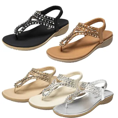 Women Elastic T-Strap Thong Sandals Rhinestone Comfortable Flat Sandals • $26.99