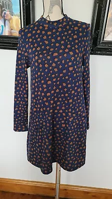 Apricot Dark Blue Tan Animal Print Long Sleeve Pocket Skater Tea Dress Size 10 • $3.73