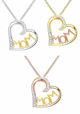 Mom Heart Pendant Necklace Round Real Diamond 14K Gold Plated Sterling 1/10Ct • $107.16