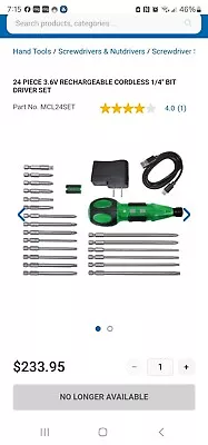 Matco Tools 24 PIECE 3.6V RECHARGEABLE CORDLESS 1/4'' BIT DRIVER SET Mcl24set  • $180