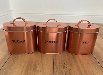 Copper Colour Oval Storage Tea Coffee Sugar Canisters Tins Set • £10