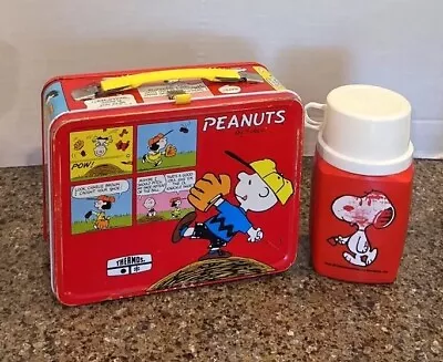 Peanuts Charlie Brown Snoopy Woodstock Metal 1960s Lunchbox W/Thermos VTG 1960’s • $65