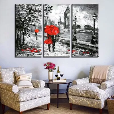 Abstract Red Umbrella Lover Painting London View 3 Pieces Canvas Print Wall Art • $103.85