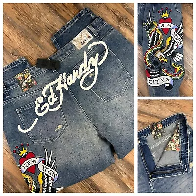 NWT Ed Hardy Denim Jeans New York City Eagle Skull Patch Men’s 42 Distressed Y2K • $64.77