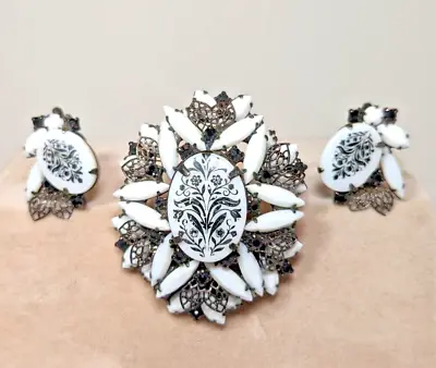 Juliana D & E Pin & Earrings Blk & White Glass W/blk. Floral Transfer / Japanned • $85