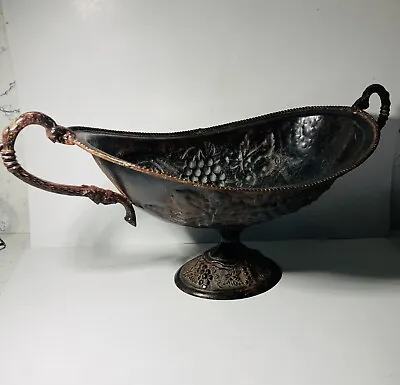 Vintage Brass Bronze Pedestal Decorative Bowl W/ Embossed Flowers & Grapes • $32