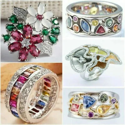 £2.99 • Buy Luxury 925 Silver Multi-Color Sapphire Gem Ring Women Wedding Jewelry Size 6-10