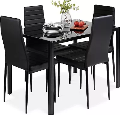5 Piece Modern Black Glass Dining Table Set Kitchen Table & Chairs For 4 • $169.99
