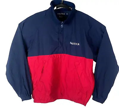 NAUTICA Fleece Jacket Men's Large Red & Blue 1/4 Zip Vintage Spellout • $17.99