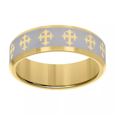 Men's Gold Tungsten Beveled W/ Cross Comfort Fit 8mm Wedding Band | Size 7 To 14 • $55