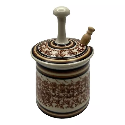 Ceramic Pottery Mustard Jar Pot With Lid And Wood Spoon Condiment Jar • $19.99