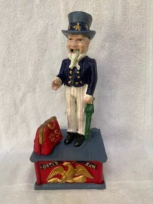 VINTAGE UNCLE SAM CAST IRON COIN MECHANICAL BANK-in Original Box. • $39