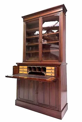Antique Tall Glazed Mahogany Bureau Secretaire Display Cabinet Bookcase Shelves • £395