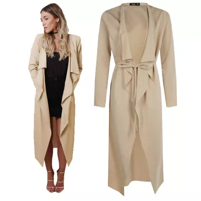 £12.90 • Buy Beige Womens Maxi Midi Long Sleeved Belted Waterfall Duster Coat Jacket Cardigan