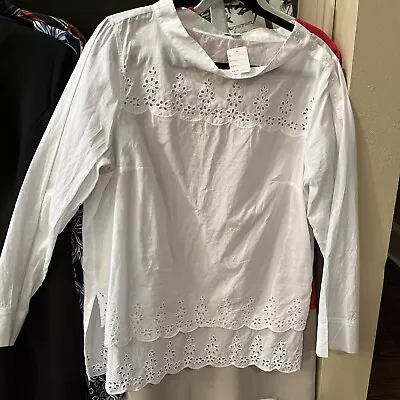 J.Crew Womens Sz 14 Scalloped Eyelet Funnelneck Top Long Sleeve White • $40