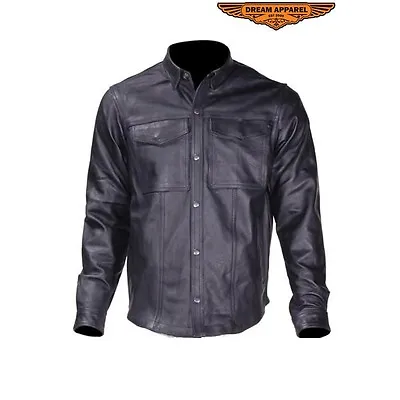 Men's Motorcycle Biker Leather Shirt With Snap On Cuffs Great Deal SizeS-6XL • $89.99