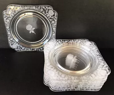 Vintage Cambridge Roselyn Etched Elegant Glass Square Salad Plates Set Of 8 • $80