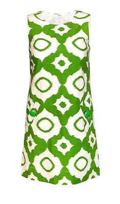 Shoshanna Dress Women’s Sz 6 Green Cream Ikat Print Shift Zip Up Sleeveless • $40.45