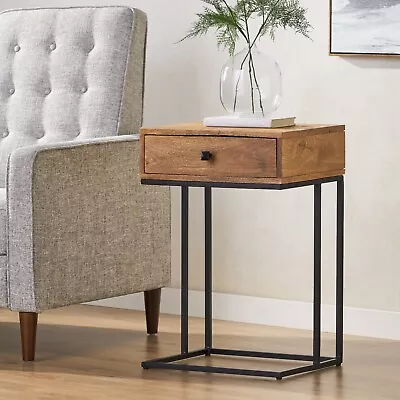 Modern Industrial Handmade Mango Wood C-Shaped Side Table With Drawer • $49.74