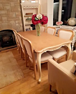 French Limed Oak Dining Table & 6 Matching Ivory Linen Upholstered Chairs • £549.99