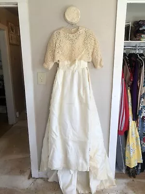 Vintage Wedding Dress 1960s Bridal Gown With Train Hat Jacket Small As Is • $75