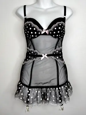 Victoria Secret 36C Sheer MESH CORSET W/ Garter Belt B&W Polka Dot Coquette Bra • $20