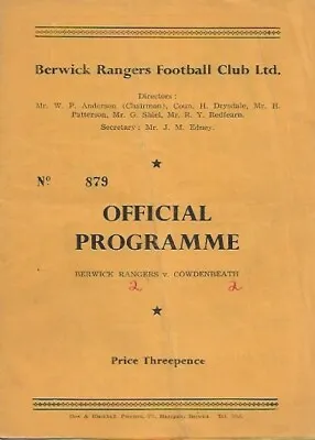 Berwick Rangers V Cowdenbeath Scottish League 7th September 1957 • £2.50