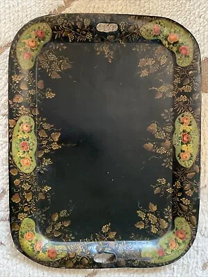 Old Vintage Toleware Metal Tray Flowers Floral 24” By 18 With Handles Antique • $57.95