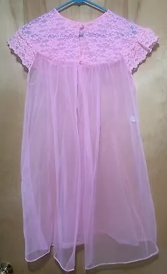 Vintage Sheer Nylon Pink Nightgown Robe Lace Collar 60’s Movie Star Vintage L • $12.99