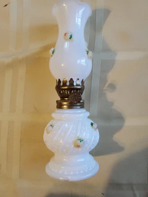$23.50 • Buy VTG Miniature White Hobnail Milk Glass Oil Lamp Pink 3D Roses Matching Globe