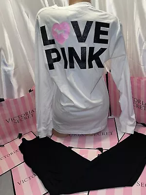 Victoria Secret Pink Original Varsity Crew Shirt Sparkle & Leggings Small • $49.49