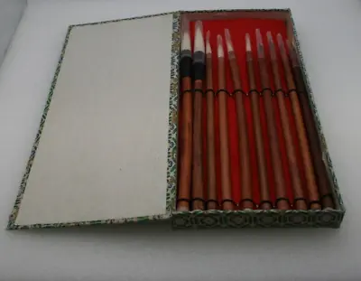 Vintage Chinese Calligraphy Writing Detail Brush Set 10 Fabric Covered Box • $29.95