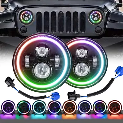 Pair 7'' RGB LED Halo Headlights DRL Lights Combo Kit For Jeep Wrangler JK TJ LJ • $48.98