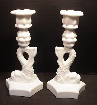 Westmoreland Milk Glass Koi Fish Dolphin Candle Holder Candlestick Vintage PAIR • $45