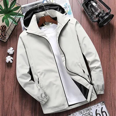 Men's Jacket Versatile Loose Solid Color Stand Collar Hooded Casual Pockets • $55.02