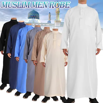 Islamic Ramadan Jubba Kaftan Dishdash Men's Arab Robe Thobe T Shirt Dress Tunic • £14.77