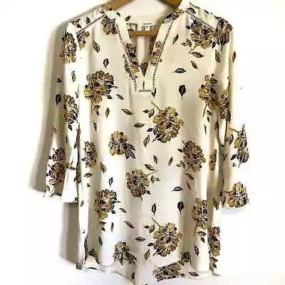 Maurices Yellow Floral Blouse Tunic Top 3/4 Length Sleeves Lightweight Size S • $7.50