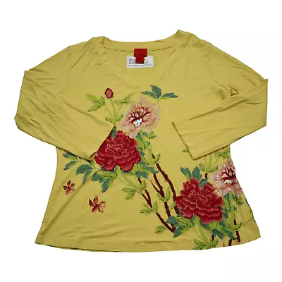 V Cristina Shirt Womens XL Yellow Long Sleeve VNeck Floral Casual Tee Shirt • $17.23