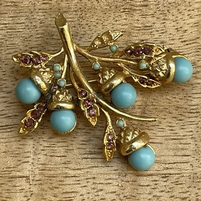 $22.50 • Buy Vintage Brooch Robin Egg Blue Acorn Cabochon Rhinestone Accents Jewelry Pin