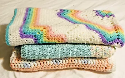 Vintage Crochet Afghan Blanket Lot Of 3 Baby Crib Gender Neutral Handmade • $22.04