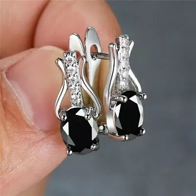 2Ct Oval Cut Lab-Created Black Spinel Hoop Pretty Earrings 14K White Gold Plated • $111.19