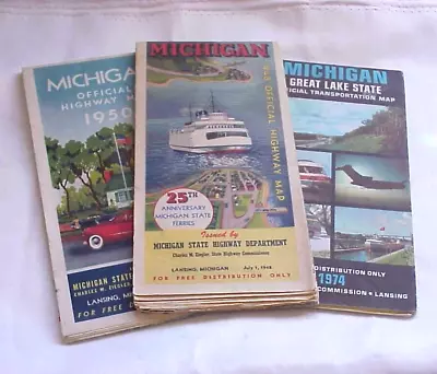 Michigan Highway Offfical Road Map Lot Of 3    1948 1950 1974 • $19.95