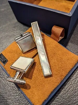 David Donahue Sterling Silver Mother Of Pearl Cufflinks And Tie Bar Set 925 • $41.95