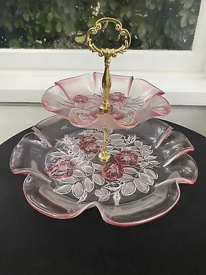Vintage Mikasa Rosella Pink Two Tiered Crystal Serving Tray Ruffled Edge • $29.95