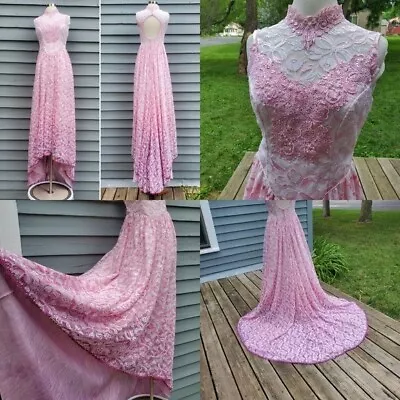 Vintage 80s Union Made Floral Barbie Ombre Pink Purple Lace Formal Gown Dress 4 • $149.99