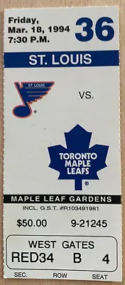 Toronto Maple Leafs Vs St Louis Game Ticket Stub Mar 1994 Red34 Row B Seat 4 • $7.36