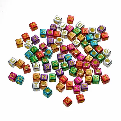 100 Acrylic Letter Alphabet Beads - 6mm Square- Metallic Sheen Random Mix J80520 • £3.39