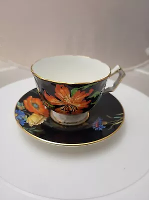 Rare Aynsley Cup & Saucer Black Raised Floral Gold Trim Rego No. 765788 READ • £56.77