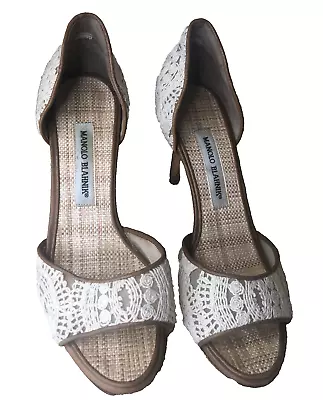 Manolo Blahnik Size 9 Castano Heels Open-Toe Macrame D Orsay Shoes Made In Italy • $37